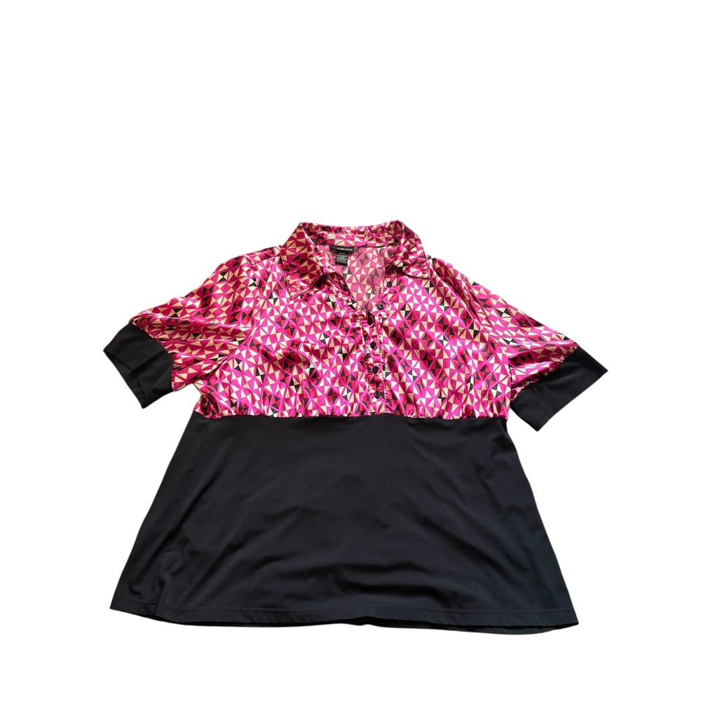 Lane Bryant 18/20 Geometric Print Blouse Pink Black‎ Short Sleeve Button Top